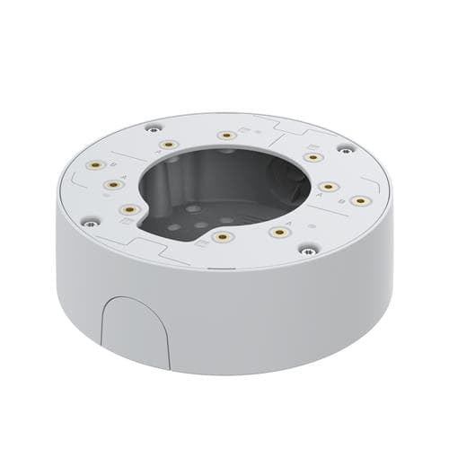 Round, white connection box for security cameras with multiple gold-plated screw holes and a central opening, designed for secure mounting and cable management.