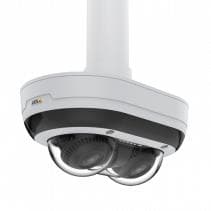 White pendant kit designed for the AXIS P3715-PLVE camera, featuring a sleek, rounded shape with dual lens openings and a black accent stripe.