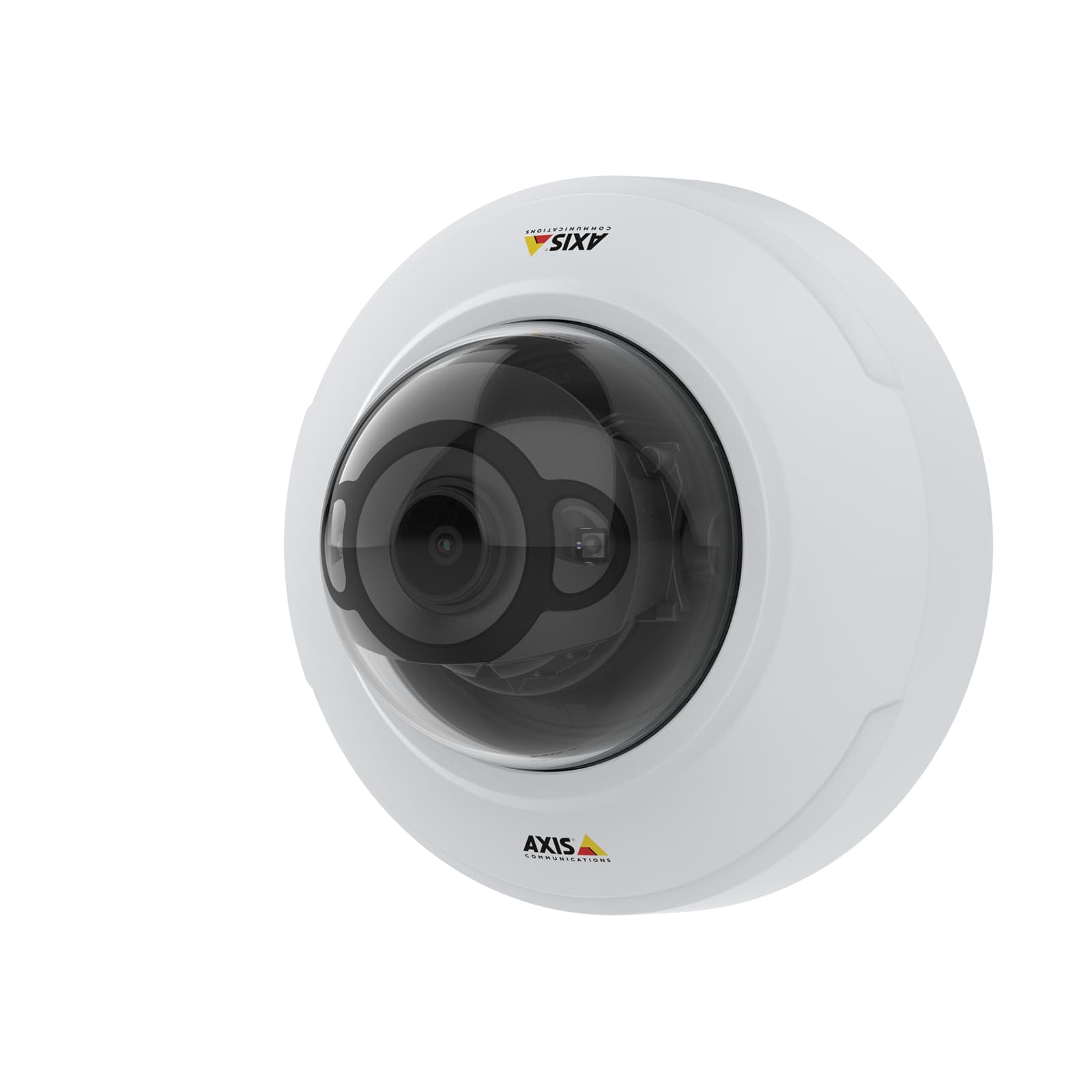 White dome-shaped indoor network camera with a glossy black lens, featuring the AXIS logo and a sleek, modern design suitable for surveillance.