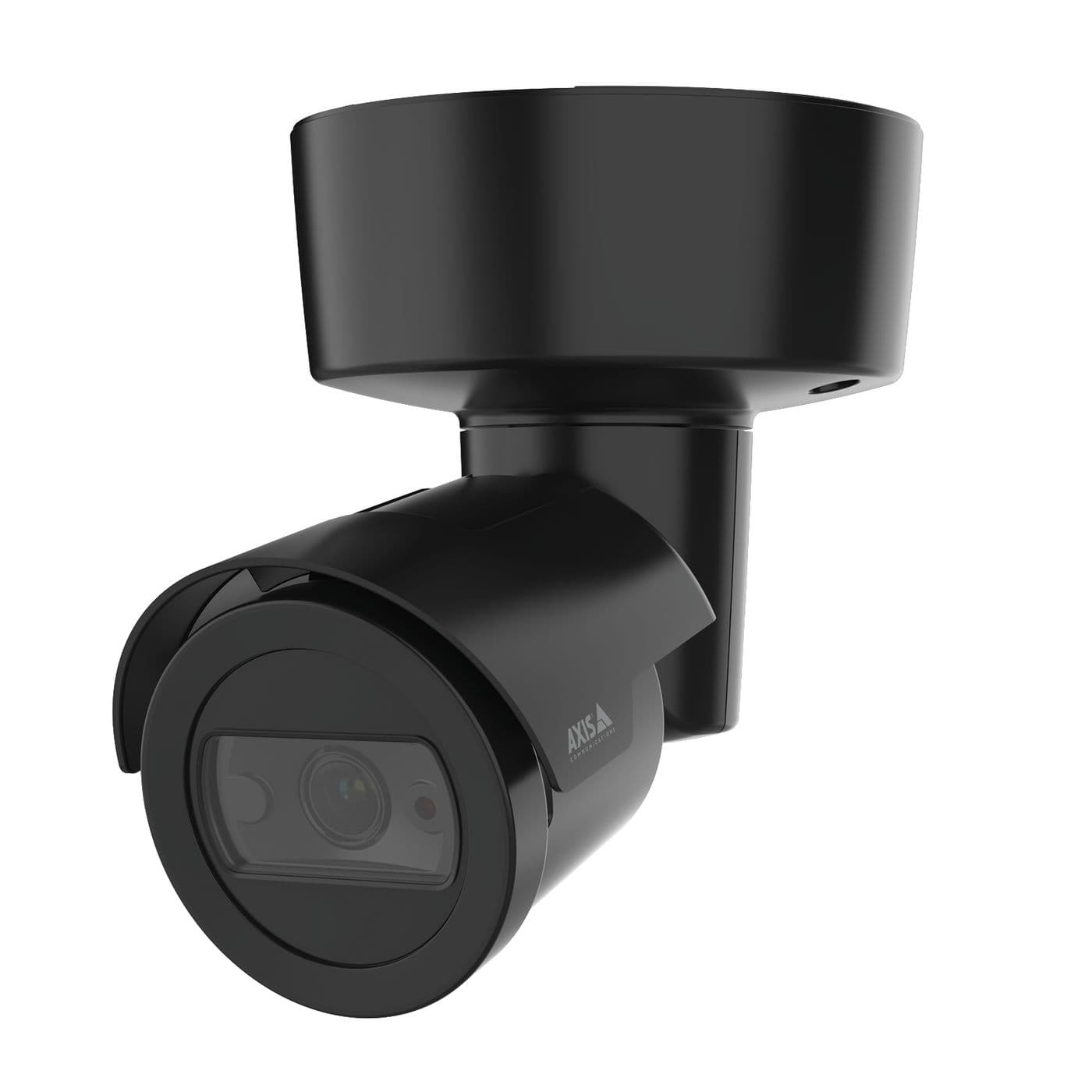 Black Axis 02134-001 bullet IP security camera with a sleek design, featuring a rounded lens and adjustable mount for indoor surveillance.