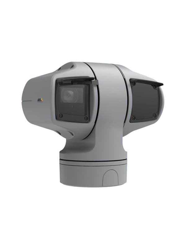 Gray outdoor IP security camera with a sleek design, featuring dual lens covers and a rounded base, capable of 1920 resolution for high-quality surveillance.