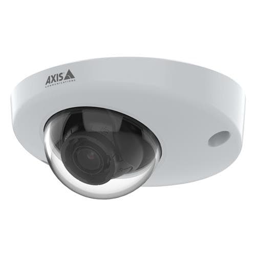 White dome-shaped indoor security camera with a clear lens, featuring a black camera inside and the AXIS logo on the top.