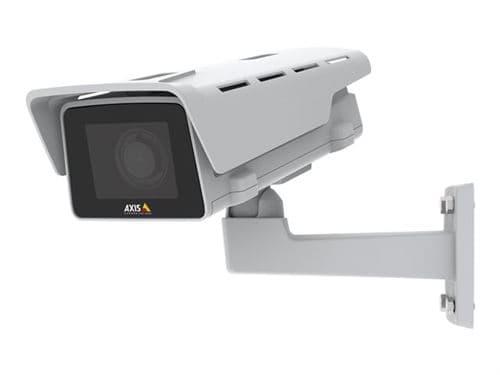 White IP security camera with a sleek design, mounted on a wall, featuring a protective cover and an adjustable arm for indoor and outdoor surveillance.