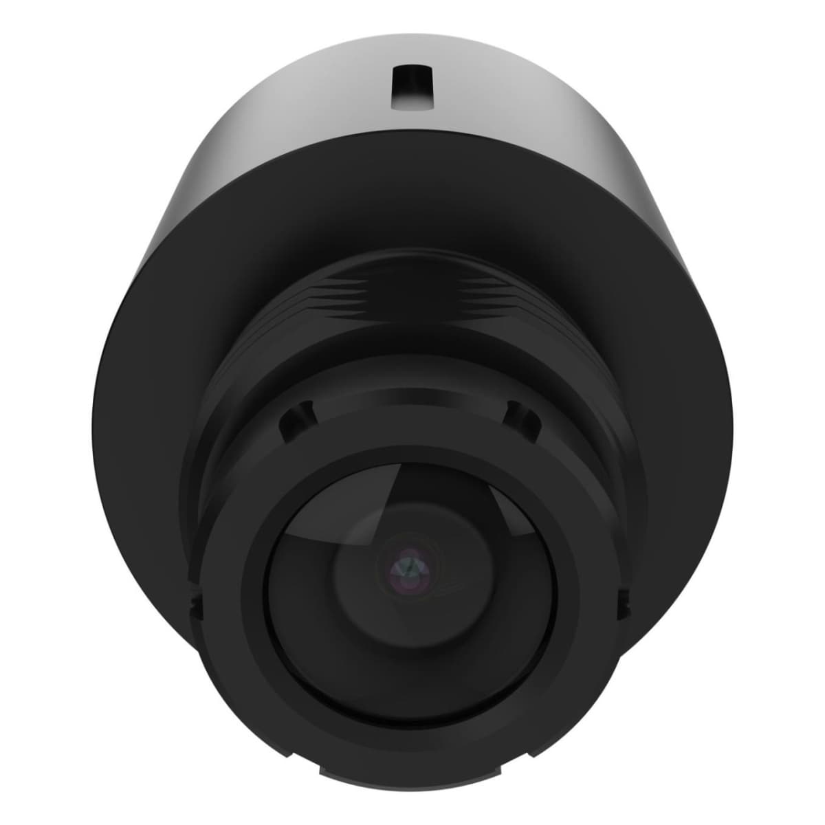 Black cylindrical discreet camera sensor with a prominent lens at the front, featuring a sleek design and a small opening at the top for mounting or installation.