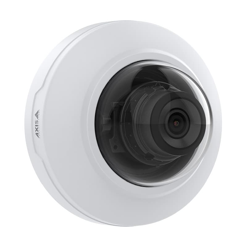 White dome-shaped IP security camera with a glossy black lens, featuring a compact design suitable for indoor use, labeled with the AXIS logo.