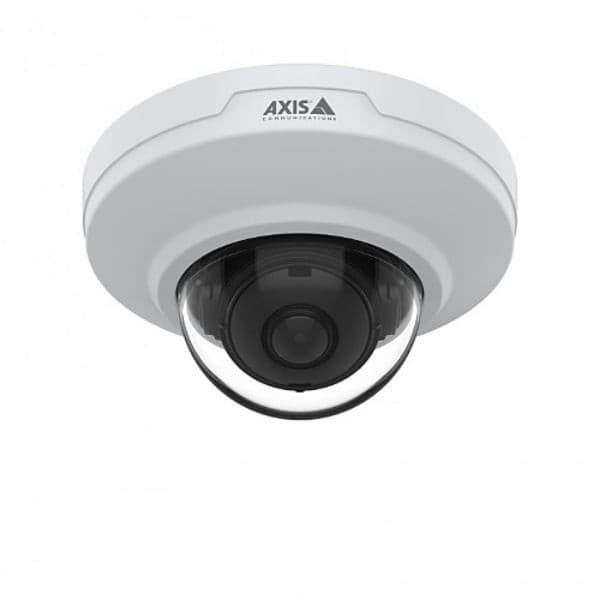 White 4MP mini dome camera with a clear dome lens, built-in microphone, and deep learning capabilities, featuring the AXIS logo on the top.
