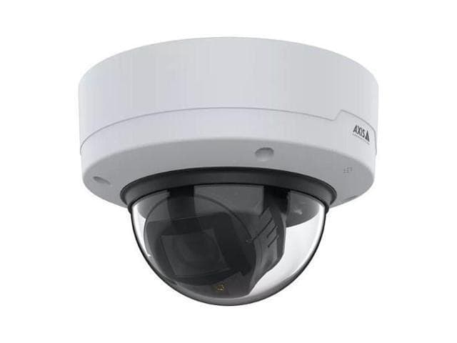 White dome IP security camera with a transparent dome cover, featuring a sleek design and a black camera lens visible inside, suitable for indoor and outdoor use.