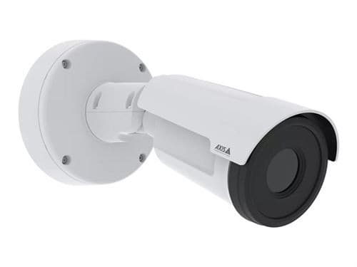 White bullet-style IP security camera with a cylindrical lens, mounted on a wall bracket, designed for both indoor and outdoor use, featuring a sleek and durable plastic casing.