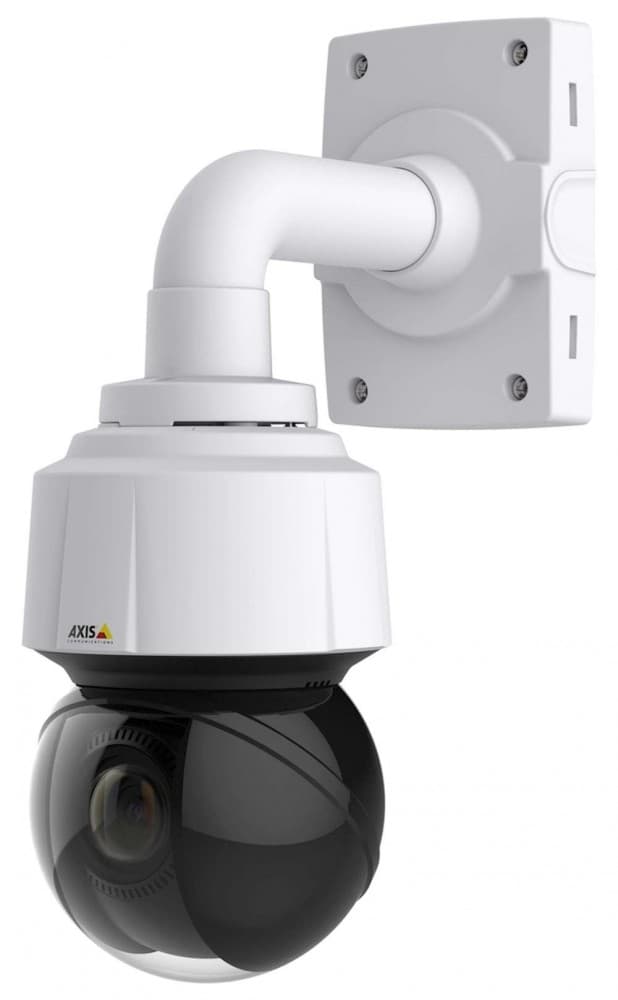 White spherical IP security camera mounted on a wall with a black dome lens, featuring a sleek design and adjustable swivel arm for indoor and outdoor surveillance.