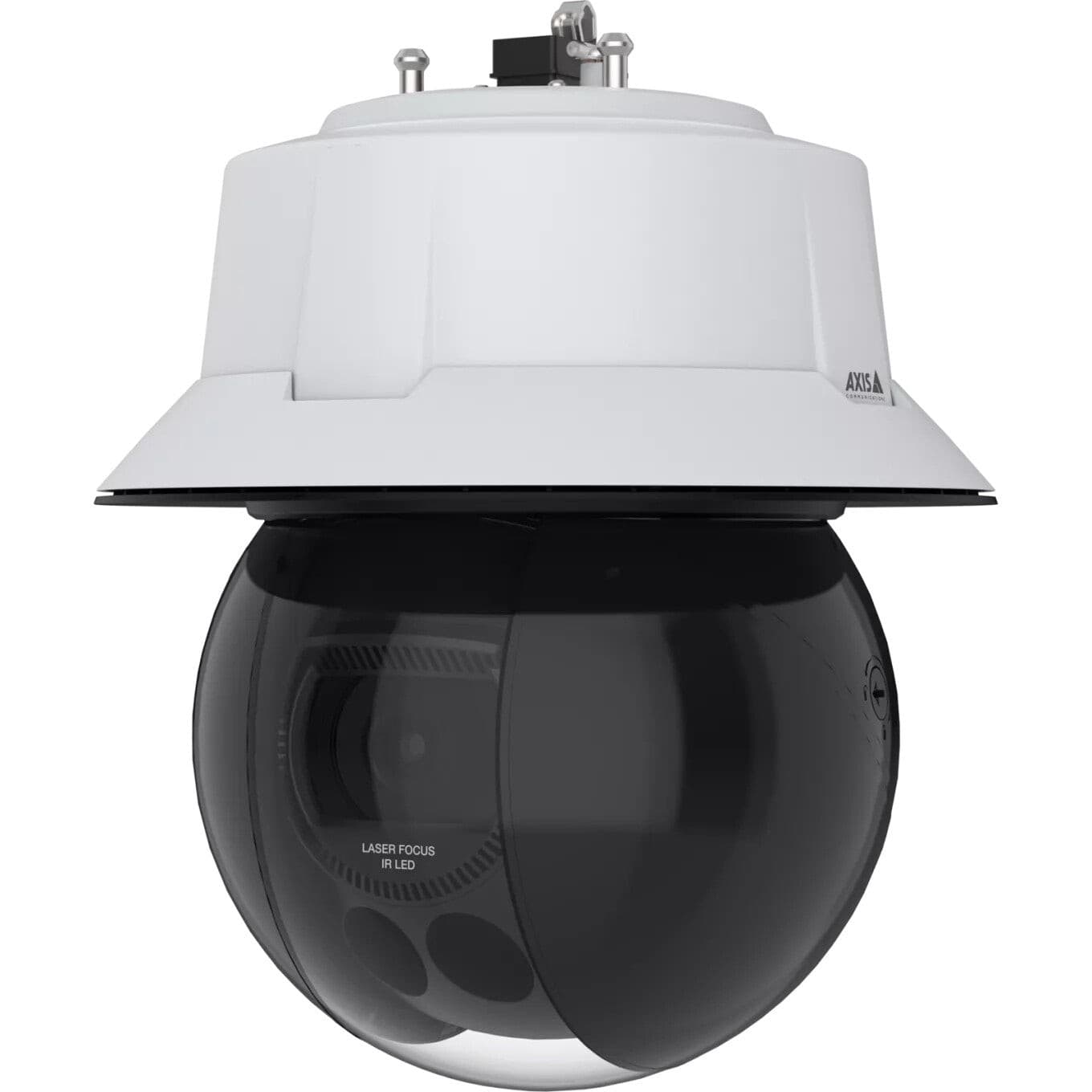White dome-shaped security camera with a black spherical lens, featuring a sleek design, adjustable mount, and labeled controls for indoor and outdoor surveillance.