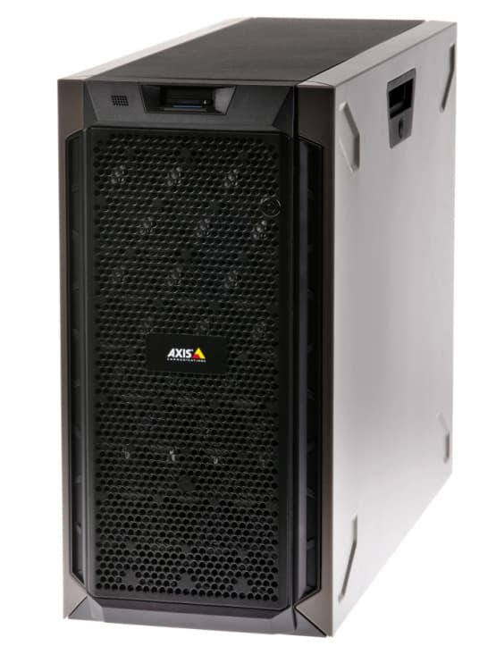 Black metal server chassis with a mesh front panel, featuring a sleek design, AXIS branding, and a top ventilation grill for cooling.