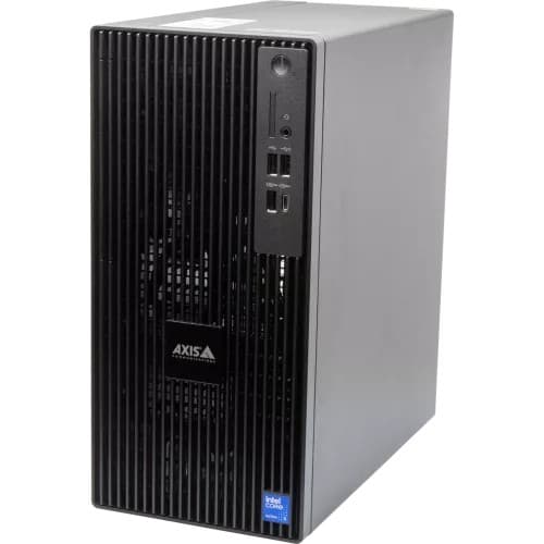 Sleek black tower PC with vertical slats, featuring an AXIS logo, multiple USB ports, and an Intel Core sticker on the front panel.