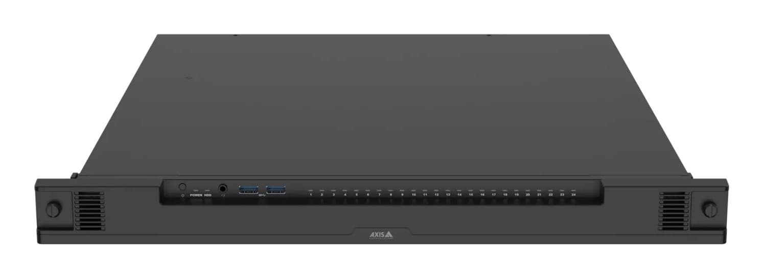 Black 1U rackmount server with a sleek design, featuring a power button, USB ports, and a row of LED indicators along the front panel.