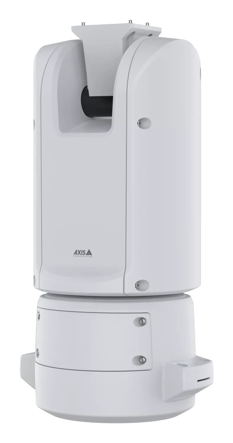 The Axis TQ1818-E is a compact, white, weather-resistant camera with a sleek design, featuring a rounded top and a sturdy base for outdoor surveillance applications.