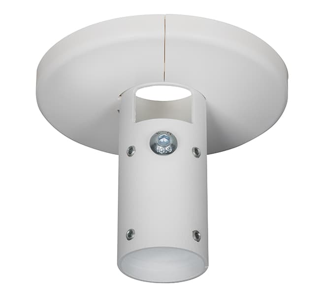 Fixed ceiling mount in white metal for Ø38mm poles, featuring a circular base and a cylindrical support with visible screws for secure attachment.