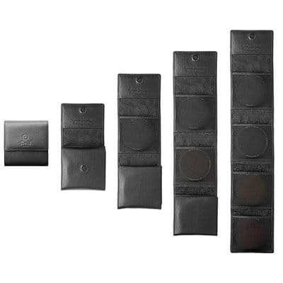 Black leather camera filter wallet by B&W Cases, featuring multiple compartments for filters, with a sleek, compact design and a snap closure for secure storage.