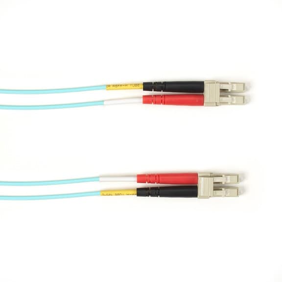 Black Box EFE450-010M-AQ InfiniBand/fibre optic cable, 10 meters long, featuring LC connectors in aqua, with color-coded tubes in yellow, black, and red.