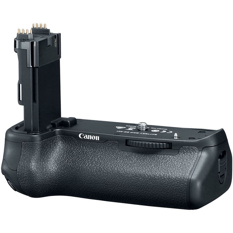 Black Canon BG-E21 battery grip with textured rubber surface, featuring a vertical shutter release button and battery compartment for enhanced camera handling.