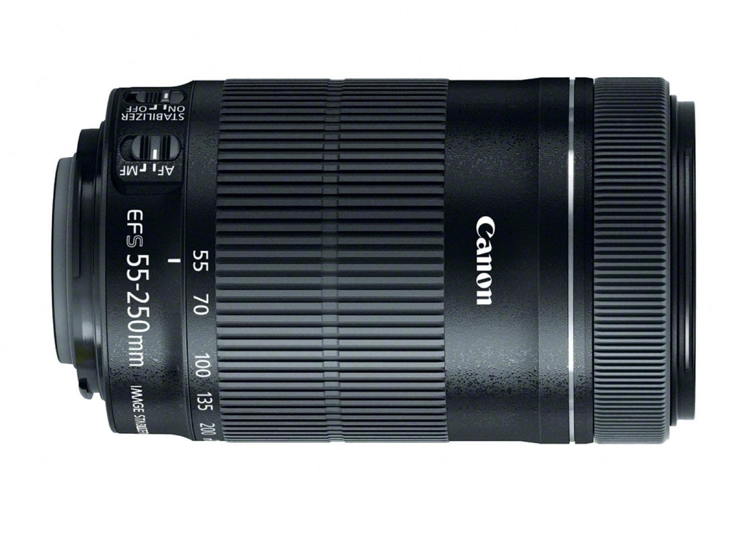 Black Canon EF-S 55-250mm F/4-5.6 IS STM lens with a textured grip, featuring focal length markings and a smooth, cylindrical design.