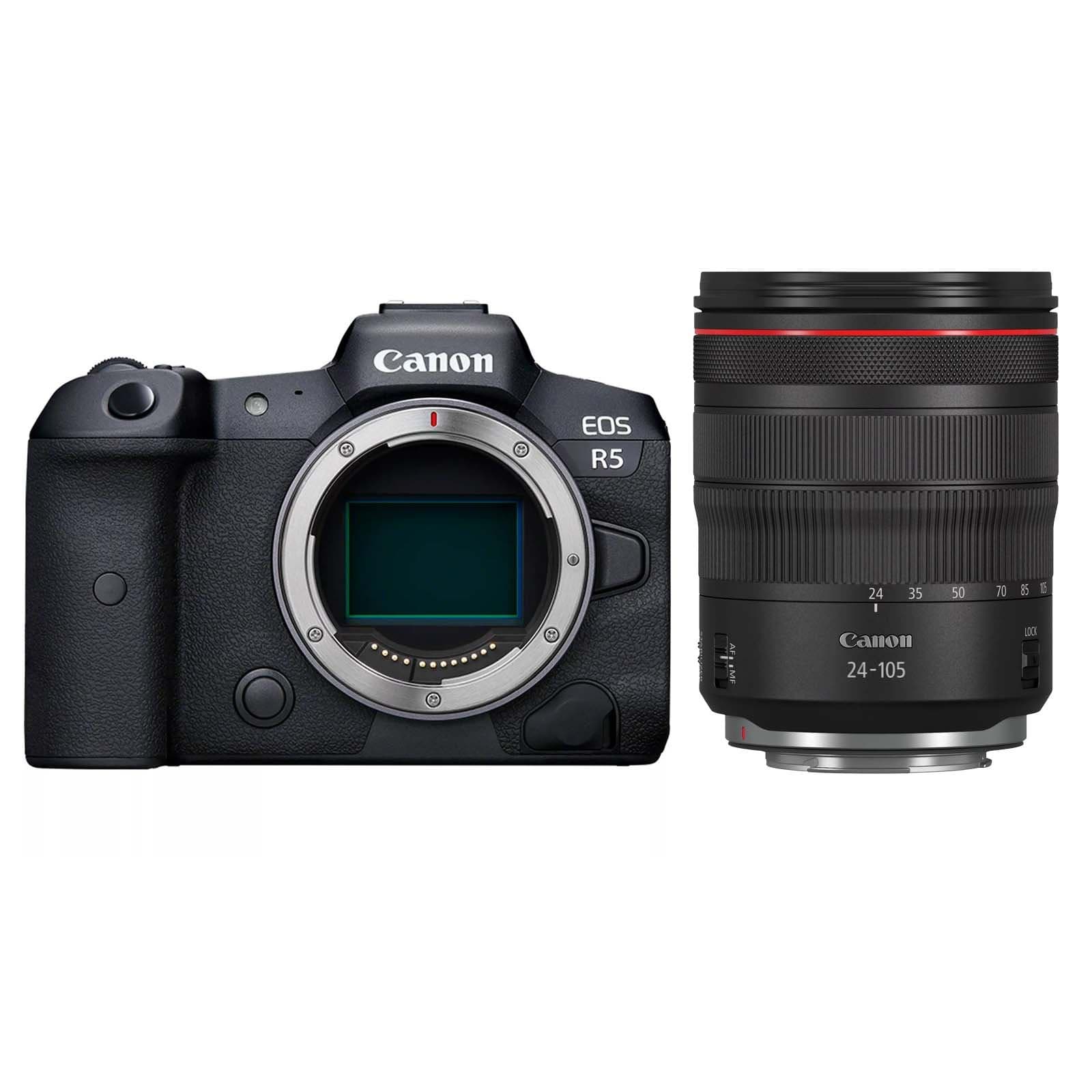 Canon EOS R5 mirrorless camera in black with a large sensor and RF 24-105mm F4 L lens, featuring a sleek design and red accent on the lens.