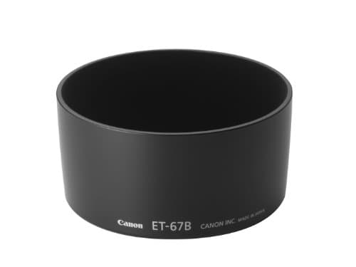 Black Canon ET-67B lens hood featuring a cylindrical design with a matte finish and embossed branding, designed to reduce lens flare and protect the lens.