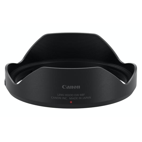 Black Canon EW-88F lens hood with a ribbed interior and smooth exterior, featuring "Canon Inc. MADE IN JAPAN" printed on the side and a red dot indicator.