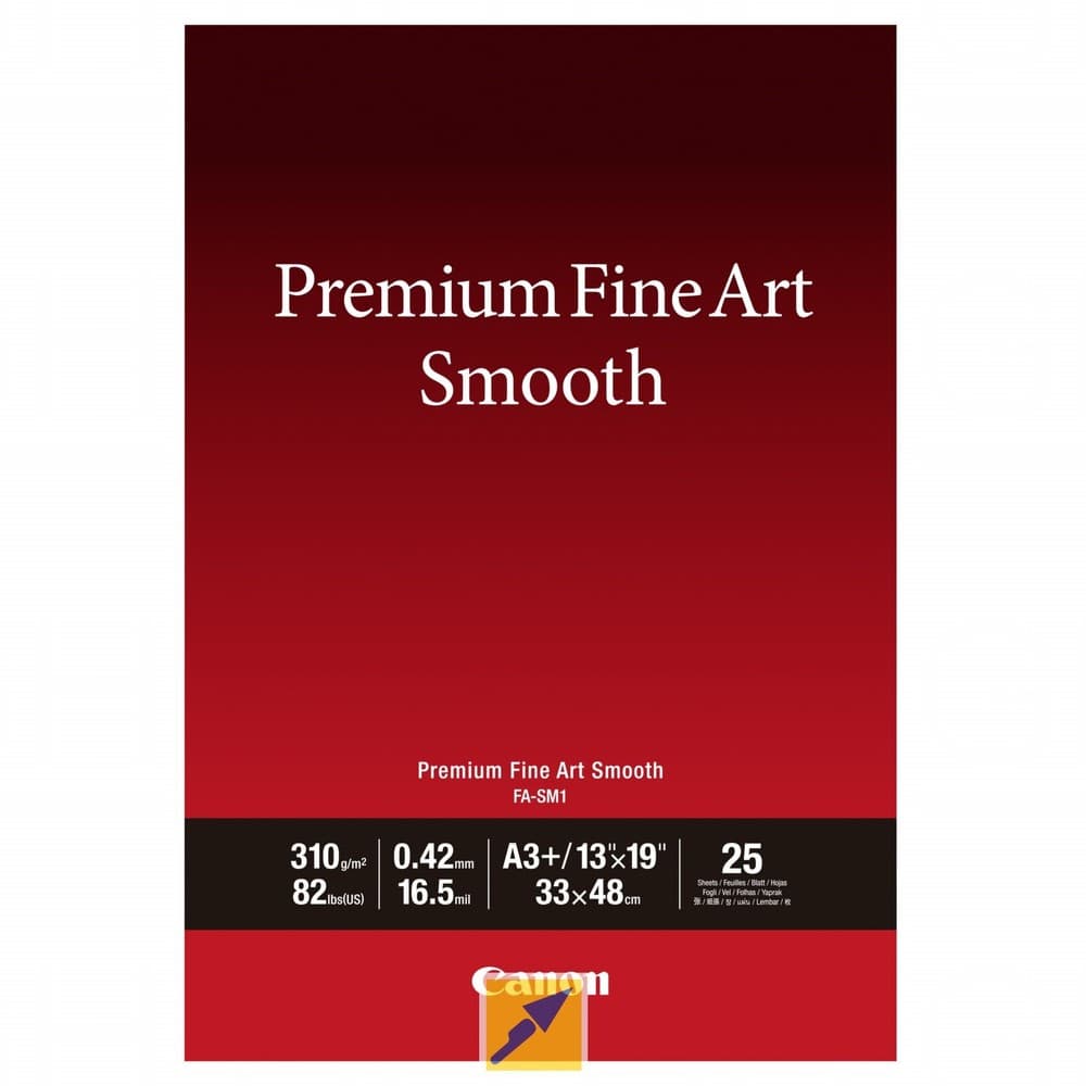 Red packaging featuring "Premium Fine Art Smooth" in white text, with product details including A3 Plus size, 25 sheets, and Canon logo at the bottom.