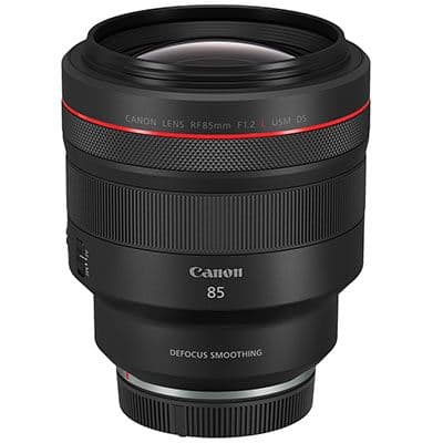 Canon RF 85mm F1.2L USM DS lens features a sleek black body with a red ring, a large front element, and smooth focus controls, designed for high-quality portrait photography.