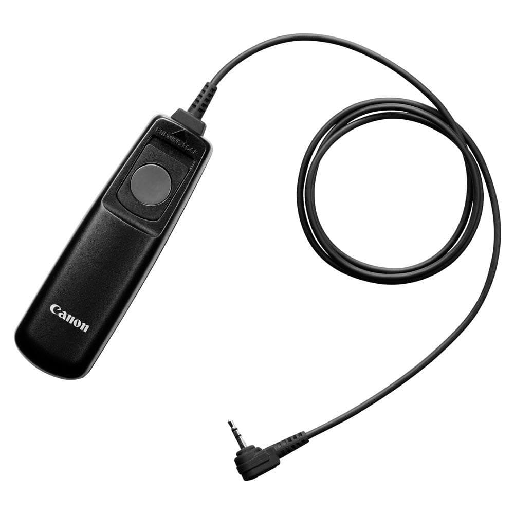 Black Canon RS-80E3 wired camera remote control featuring a single shutter button and a coiled cable with a 3.5mm connector.