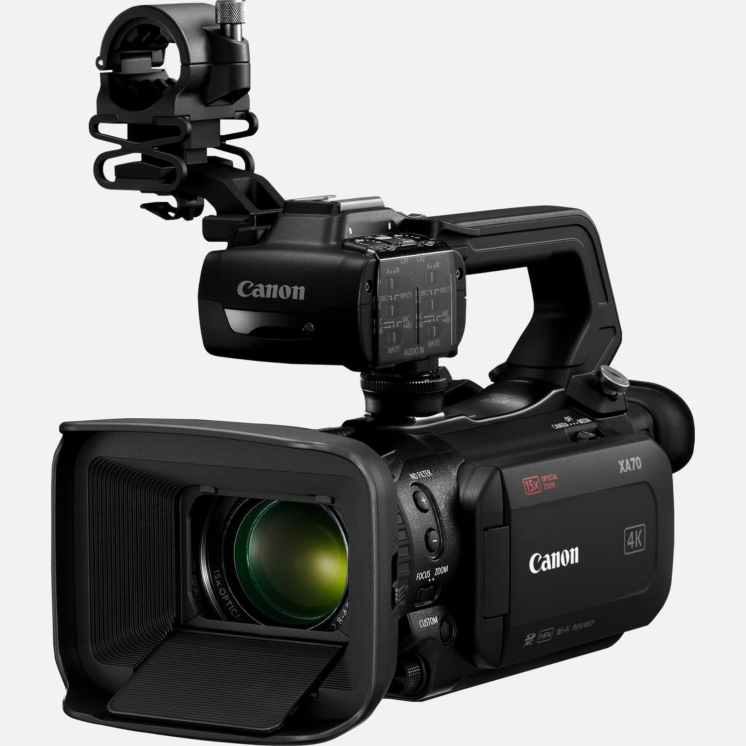 Canon XA70 camcorder in black with a sleek design, featuring a large lens, built-in microphone mount, and control buttons on the body for easy operation.