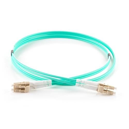 Aqua-colored 2M duplex fibre optic patch cable with LC connectors on both ends, featuring a 50/125 micron OM4 specification for high-speed data transmission.