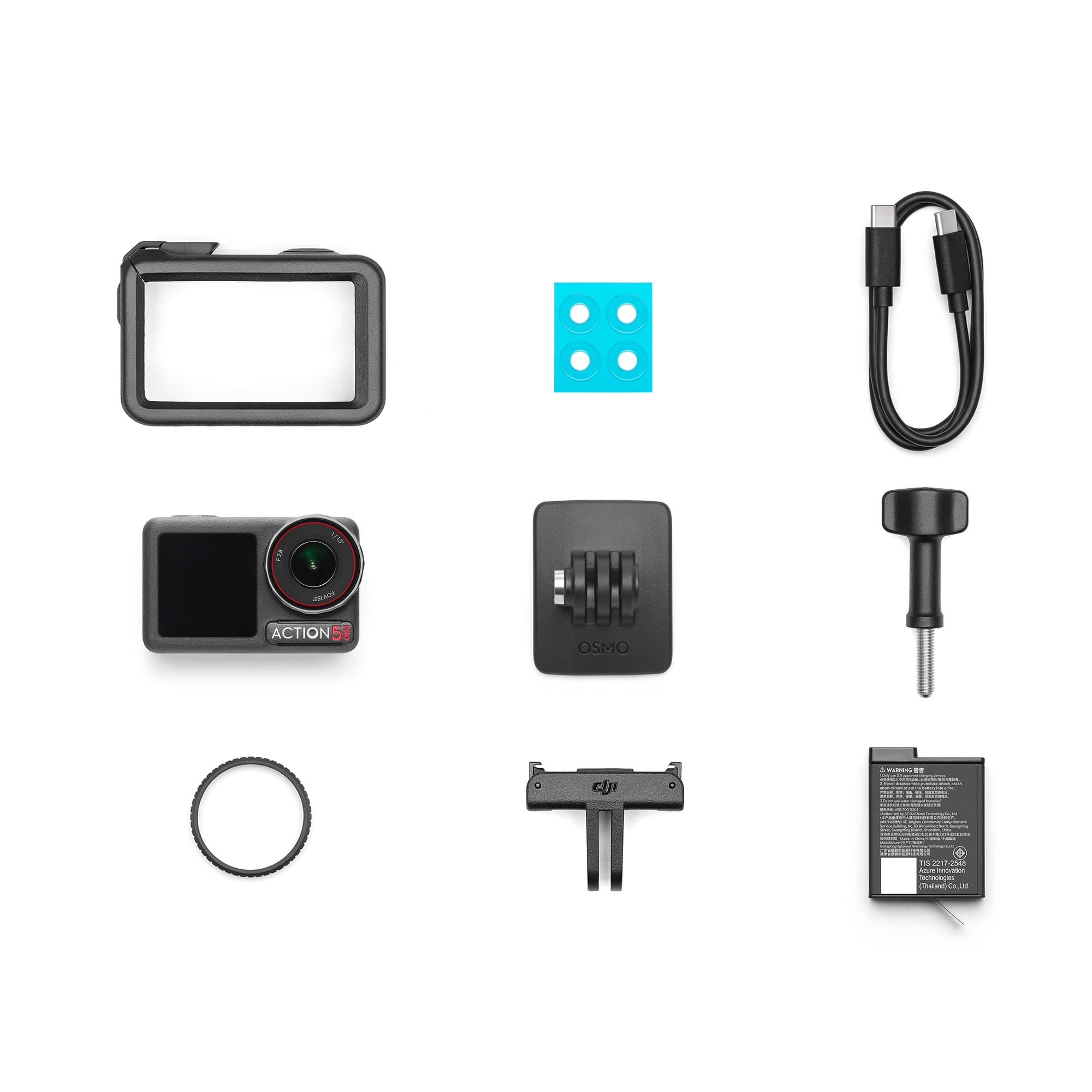 DJI Osmo Action 5 Pro Standard Combo featuring a compact black camera, lens cover, mounting bracket, USB-C cable, and battery, with blue and black accessories arranged neatly.