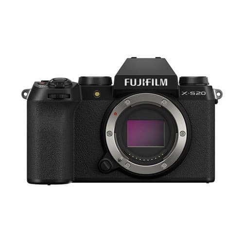 Fujifilm X-S20 mirrorless digital camera in black, featuring a textured grip, prominent lens mount, and control dials on the top for easy adjustments.