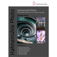 Hahnemühle Photo Trial Pack A3P includes 10 sheets of high-quality photo paper, featuring a sleek black cover with vibrant sample images and the brand logo prominently displayed.
