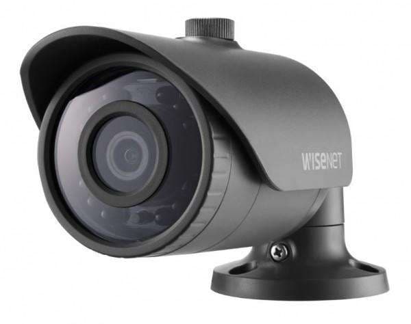 Black bullet-style security camera with a rounded lens and adjustable mount, featuring a sleek design and the "Wisenet" logo prominently displayed.