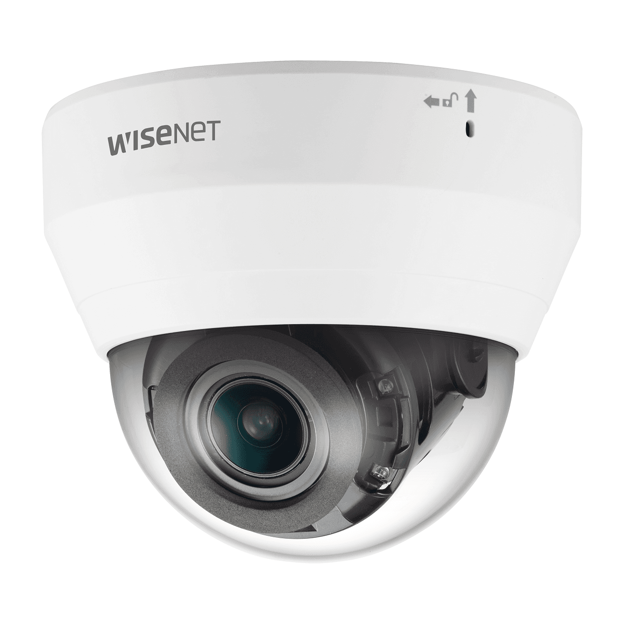 White dome security camera with a glossy silver lens, featuring the Wisenet logo, designed for IP surveillance with a resolution of 1920 x 1080.