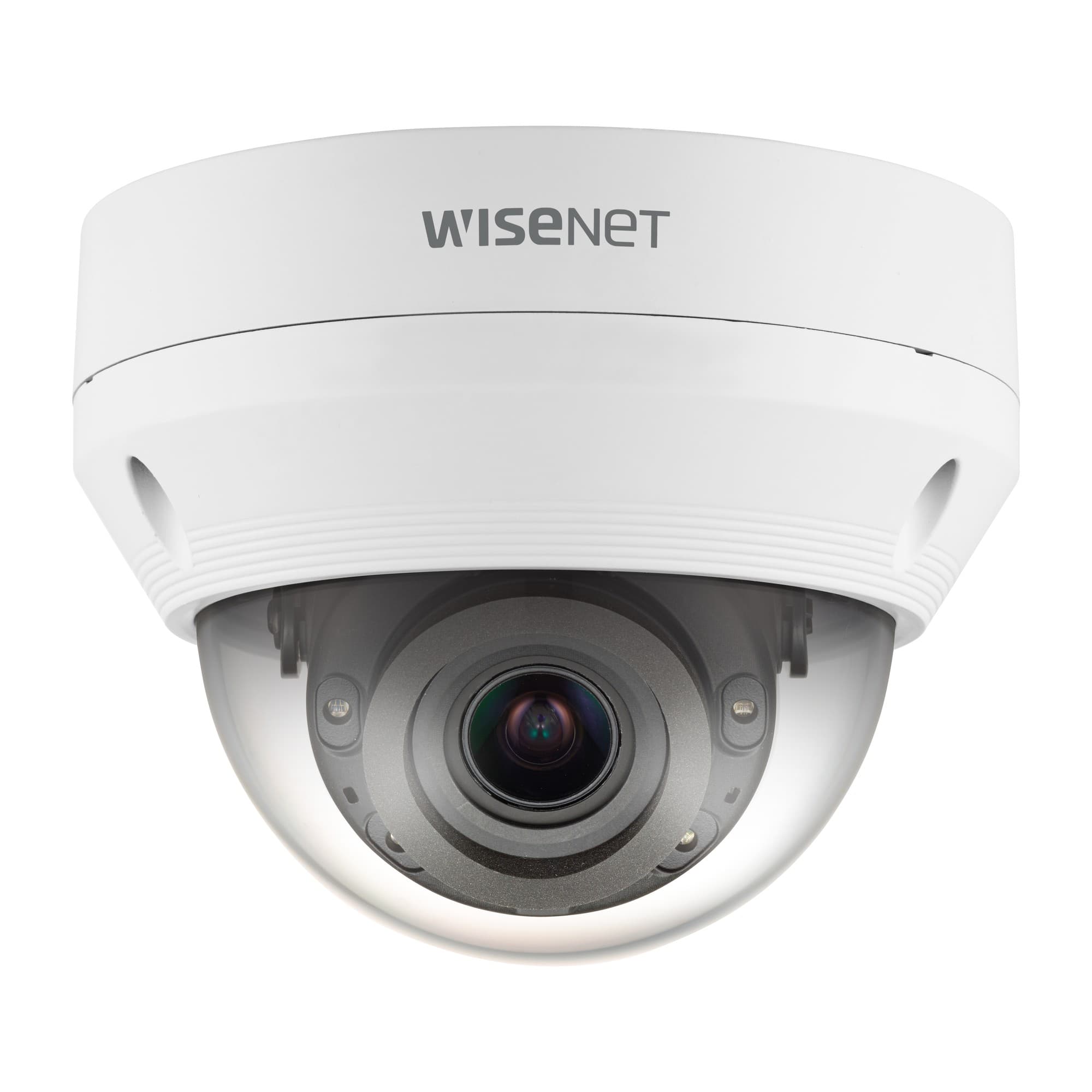 White dome-shaped security camera with a transparent lens, featuring a sleek design and the "Wisenet" logo prominently displayed on the top.