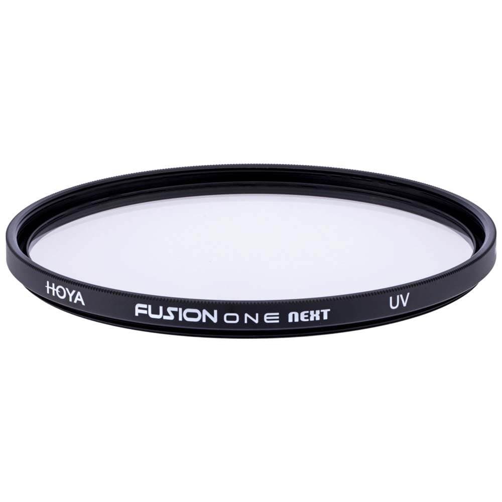 Circular UV filter with a black metal frame, labeled "HOYA FUSION ONE NEXT UV," featuring a clear glass surface designed for 55MM lenses.