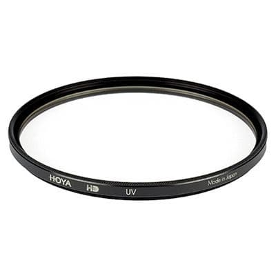 Circular UV camera filter with a black metal frame, labeled "Hoya HD UV" and "Made in Japan," measuring 5.2 cm in diameter, featuring a clear glass center.