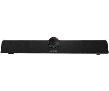 Black Iiyama UC CAM120ULB-1 video conferencing camera with a sleek design, featuring a central lens and a matte finish, capable of 12 MP resolution and 3840 x 2160 pixels at 30 fps.