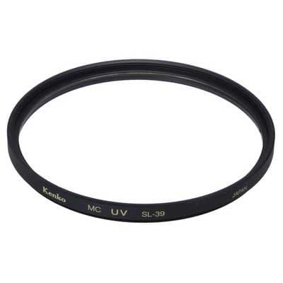 Kenko 55mm REALPRO UV filter featuring a black metal frame with gold lettering, designed to reduce UV light and protect camera lenses.