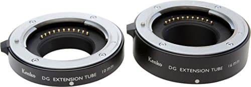 Kenko TELEPLUS DG Extension Tube Set for Micro 4/3, featuring two black metal tubes (10mm and 16mm) with silver accents and electronic contacts for enhanced macro photography.