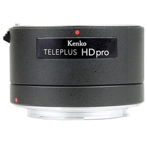 Kenko TELEPLUS HD PRO 2x DGX Nikon F is a black, textured teleconverter with a smooth lens mount, featuring a red dot for alignment and a sleek, compact design.