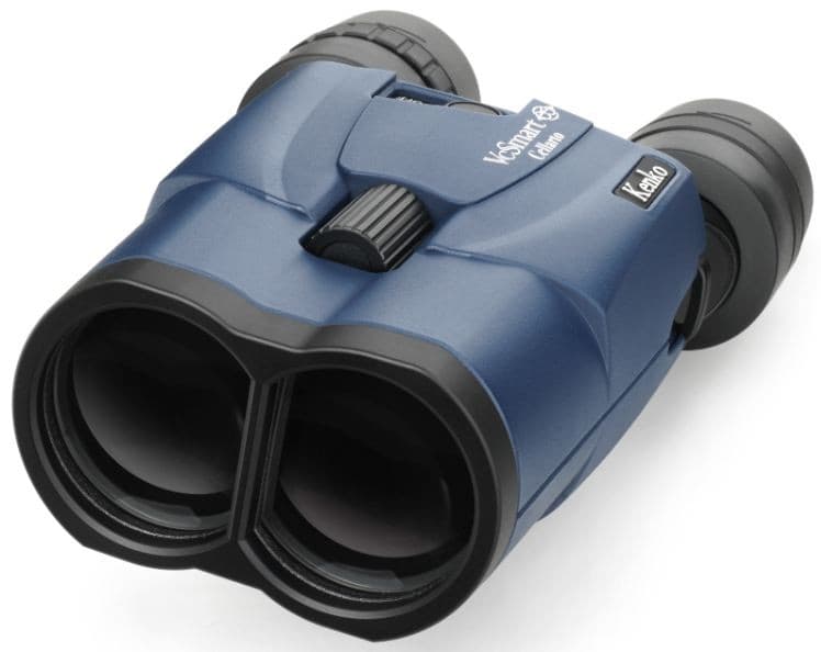 Kenko VcSmart 15x42 binoculars in a sleek blue body with rubberized grip, featuring large objective lenses and a central focus wheel for easy adjustments.