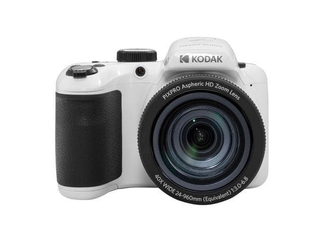 White Kodak Pixpro AZ405 digital camera featuring a 20MP sensor, 40x optical zoom lens, and a textured black grip for enhanced handling.