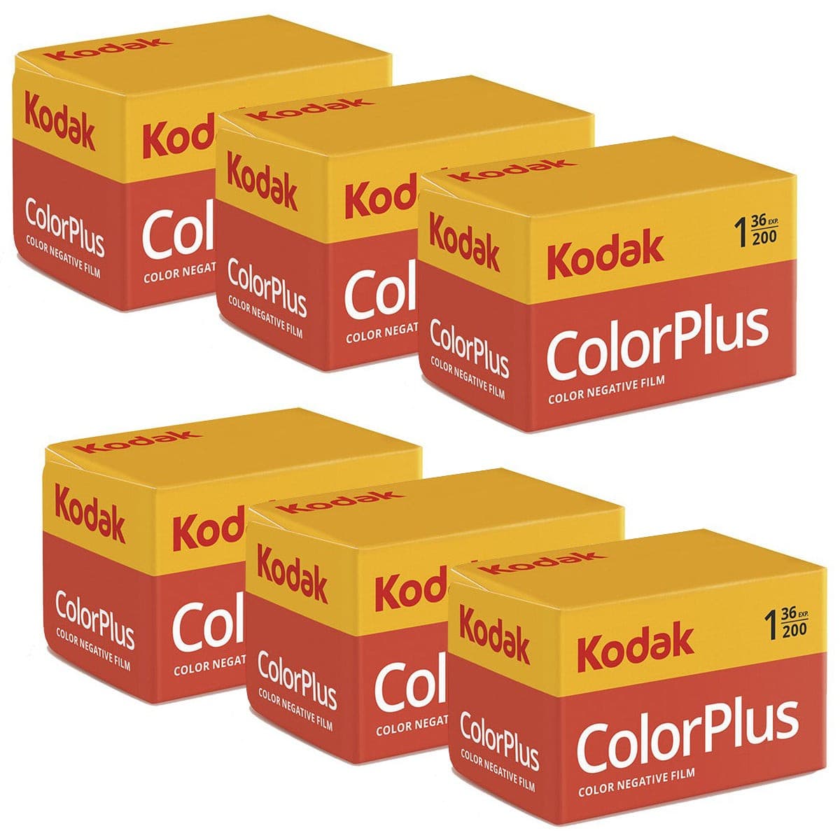 Six packs of Kodak Color Plus 200 135 film, each featuring a bright yellow and red design with "Kodak" and "ColorPlus" prominently displayed, designed for 36 exposures.