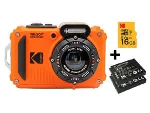 Bright orange compact Kodak PIXPRO WPZ2OG6 digital camera with a rugged design, featuring a circular lens, built-in flash, and includes a 16GB memory card and extra batteries.