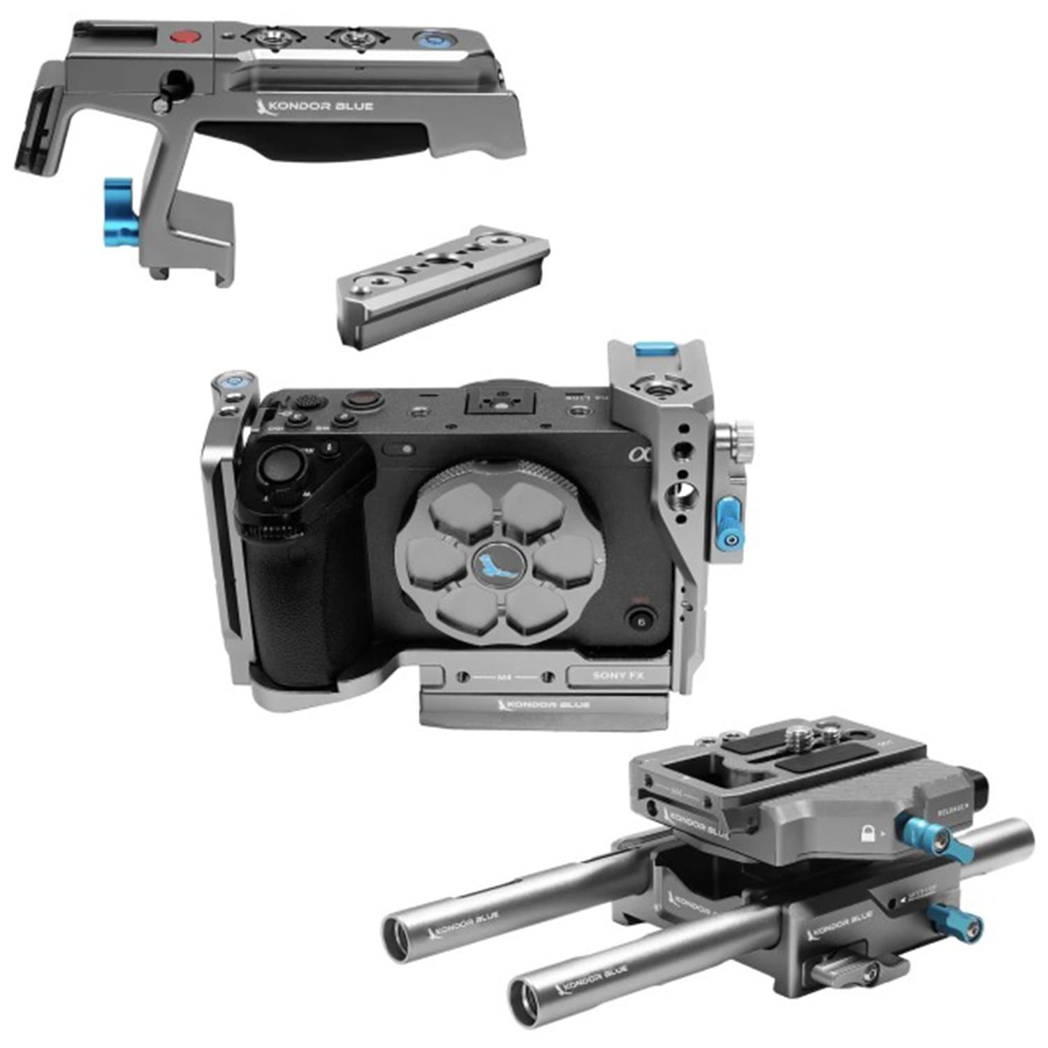 Kondor Blue KB-SFX3-BR Cage in gray metal with blue accents, featuring a top handle, side grip, and a baseplate with rods for secure camera mounting.