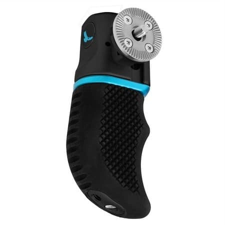 Kondor Blue KB-WSH-Bk camera handle features a textured black rubber grip with a blue accent, a metal mounting plate, and a compact ergonomic design for stability.