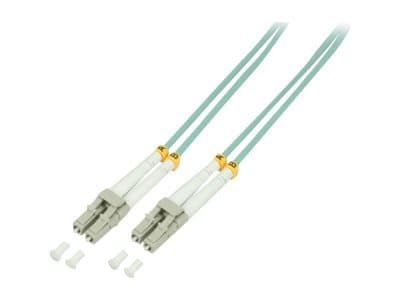 Blue LogiLink 0.5m LC-LC InfiniBand/fibre optic cable with two grey connectors, featuring yellow clips and additional white plastic clips for secure connection.